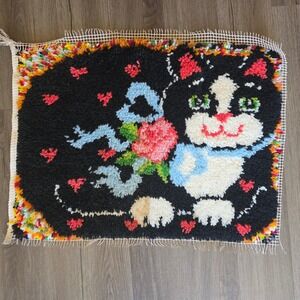 Vintage Latch Hook Rug Black Tuxedo Cat with Rose and Blue Bow & Hearts Raw Edge
